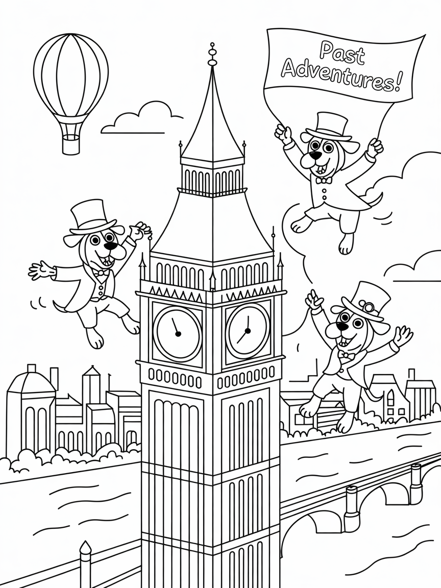 London's Big Ben with time-traveling beagles - Free Coloring Page