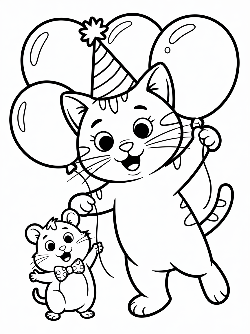 Cat dancing with a hamster - Free Coloring Page