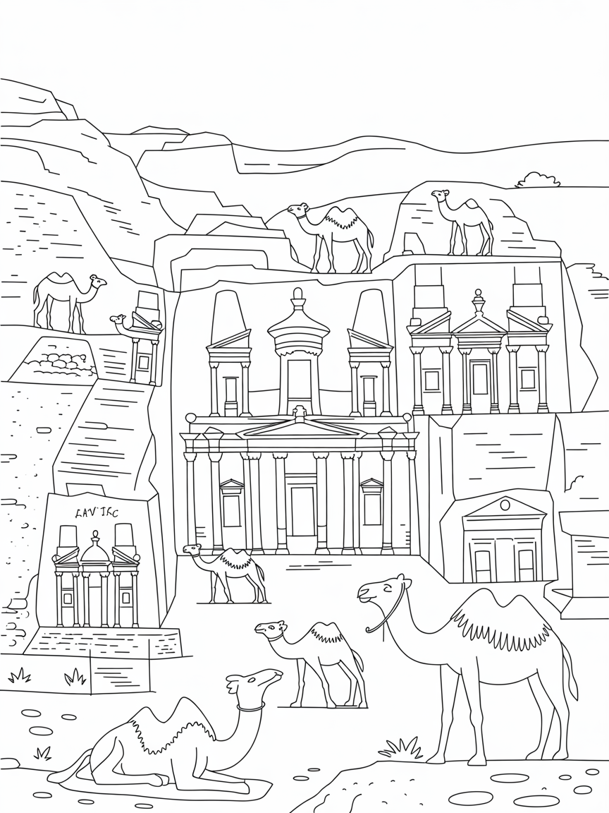 Petra's ancient city with camel art gallery - Free Coloring Page