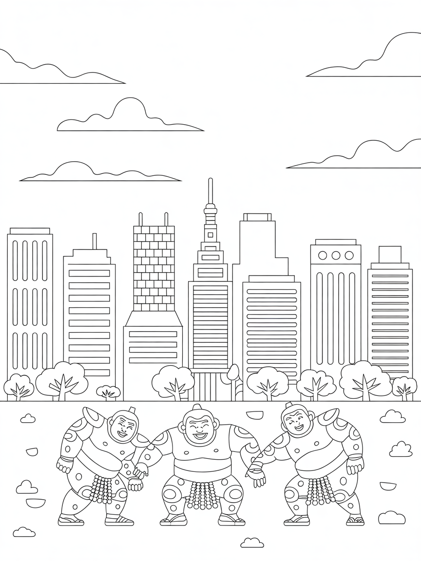 Tokyo skyline with neon robotic sumo wrestlers - Free Coloring Page