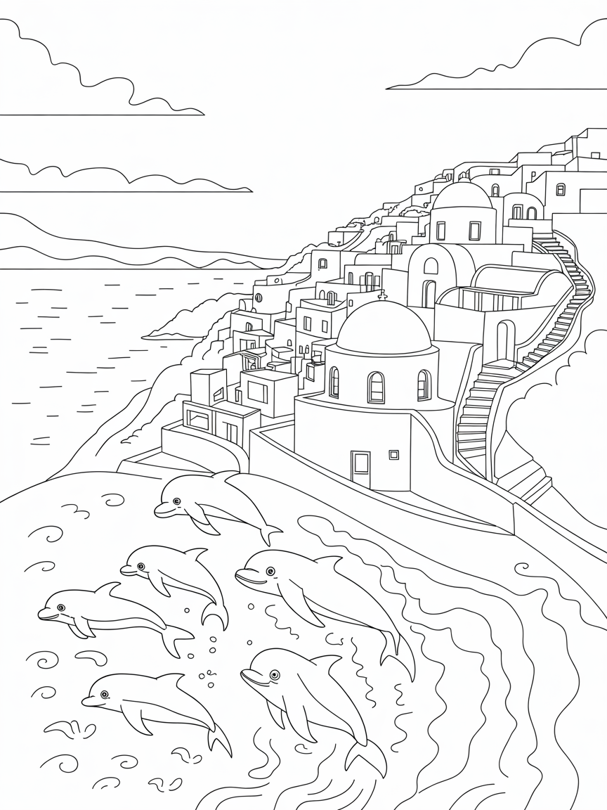 Santorini village with dolphins in Aegean waves - Free Coloring Page
