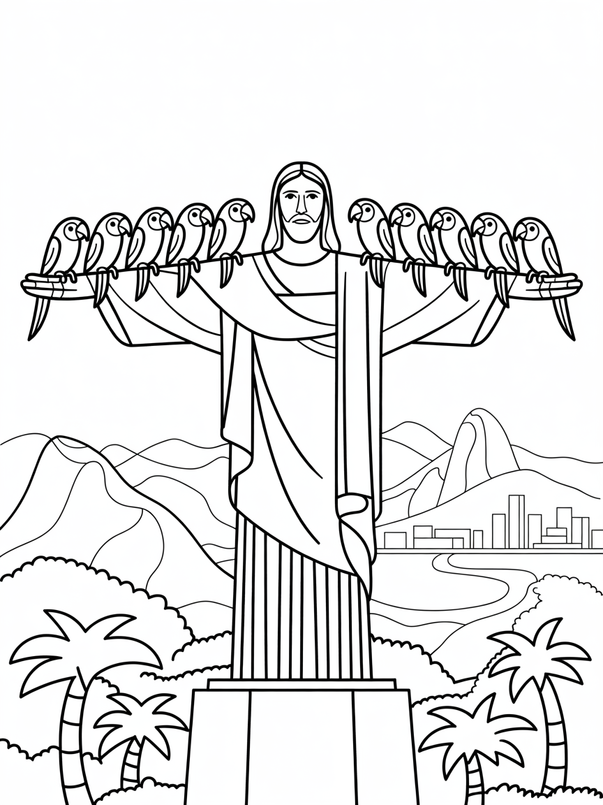 Rio de Janeiro's Christ the Redeemer with carnival parrots - Free Coloring Page