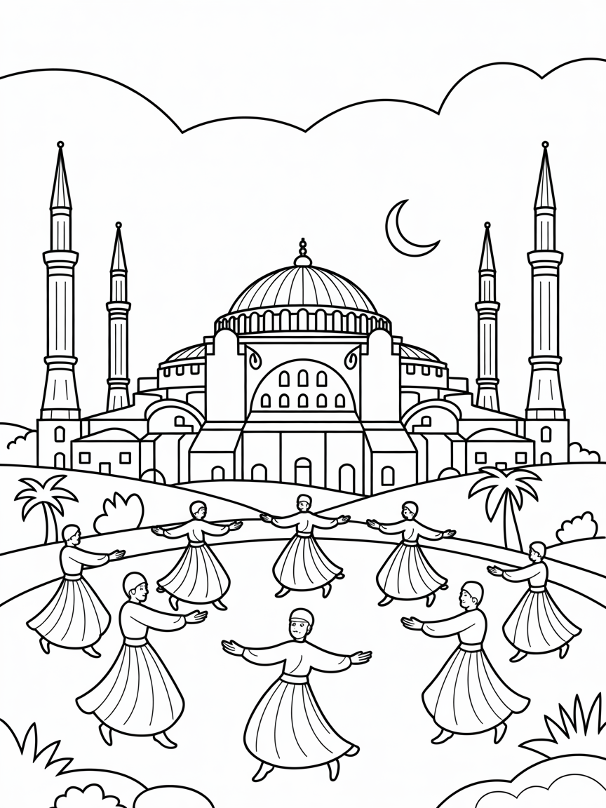 Istanbul's Hagia Sophia surrounded by mystical whirling dervishes - Free Coloring Page