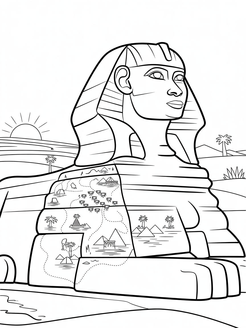 Cairo's Sphinx with secret map of ancient lands - Free Coloring Page