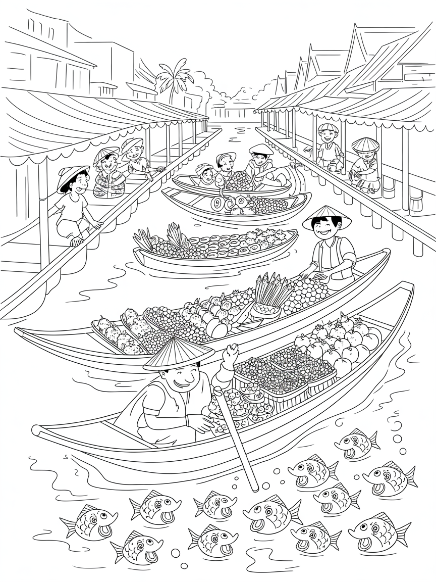 Bangkok's floating market with chatty singing fish - Free Coloring Page