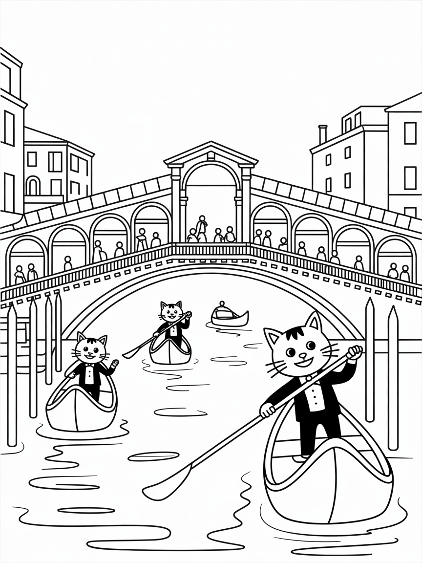 Venice's Rialto Bridge with gondolier cats in tuxedos - Free Coloring Page