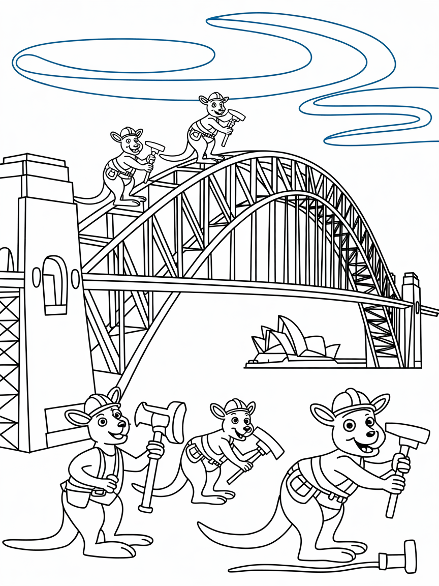 Sydney Harbour Bridge with kangaroo construction workers - Free Coloring Page