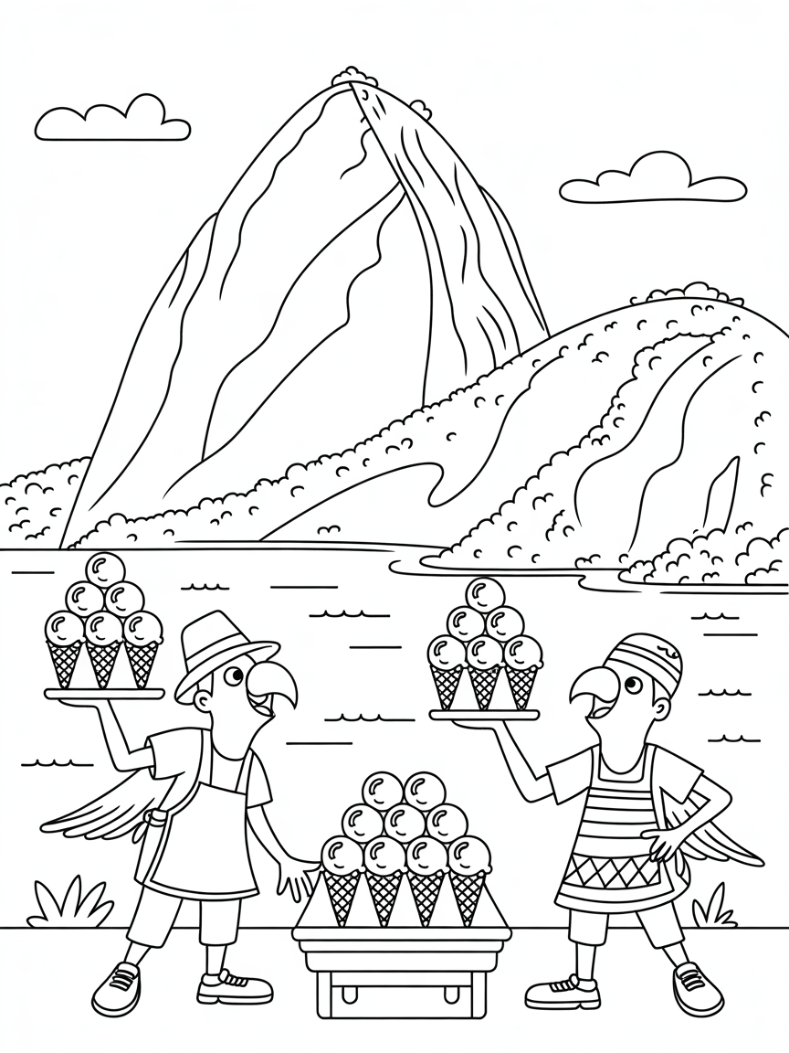Rio's Sugarloaf Mountain with parrot ice cream vendors - Free Coloring Page