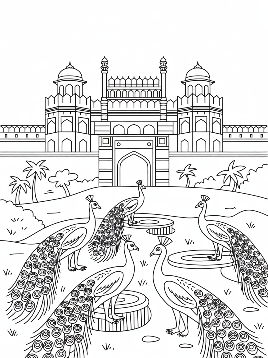 Delhi's Red Fort with peacock rainbow weavers - Free Coloring Page