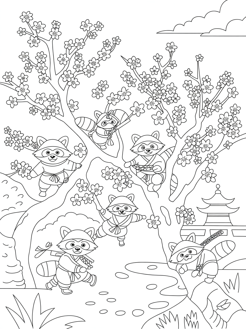 Kyoto's cherry blossom trees with ninja raccoons - Free Coloring Page