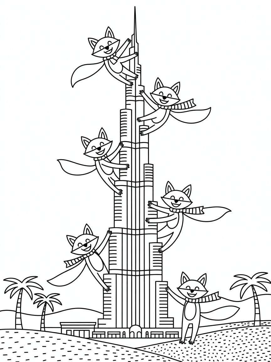 Dubai's Burj Khalifa with gravity-defying foxes - Free Coloring Page