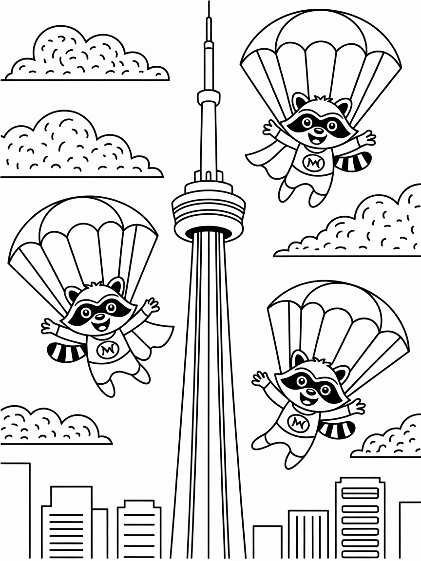 Toronto's CN Tower with skydiving superhero raccoons - Free Coloring Page