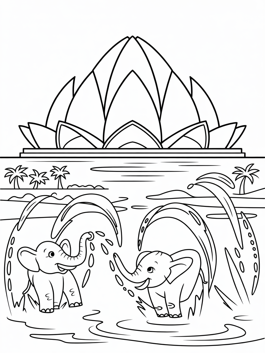 New Delhi's Lotus Temple with elephant water dancers - Free Coloring Page