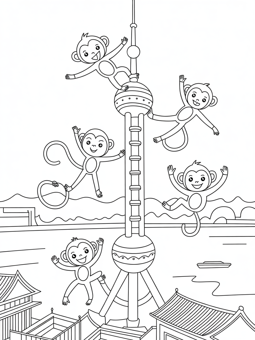 Shanghai's Oriental Pearl Tower with acrobatic monkeys - Free Coloring Page