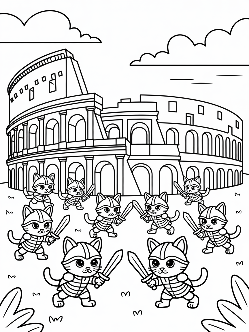 Rome's Colosseum with gladiator kittens in armor - Free Coloring Page