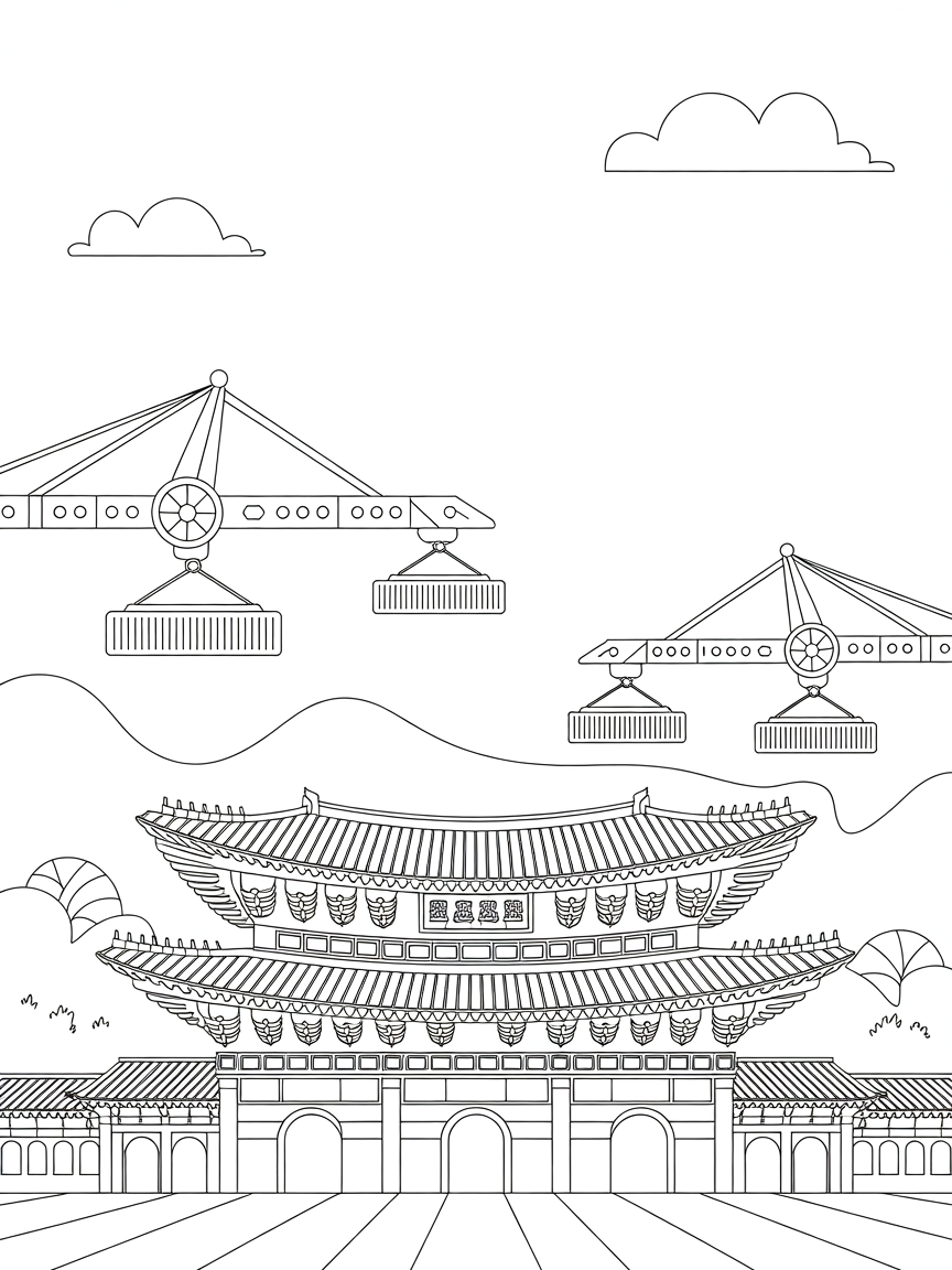 Seoul's Gyeongbokgung Palace with LED-lit robotic cranes - Free Coloring Page