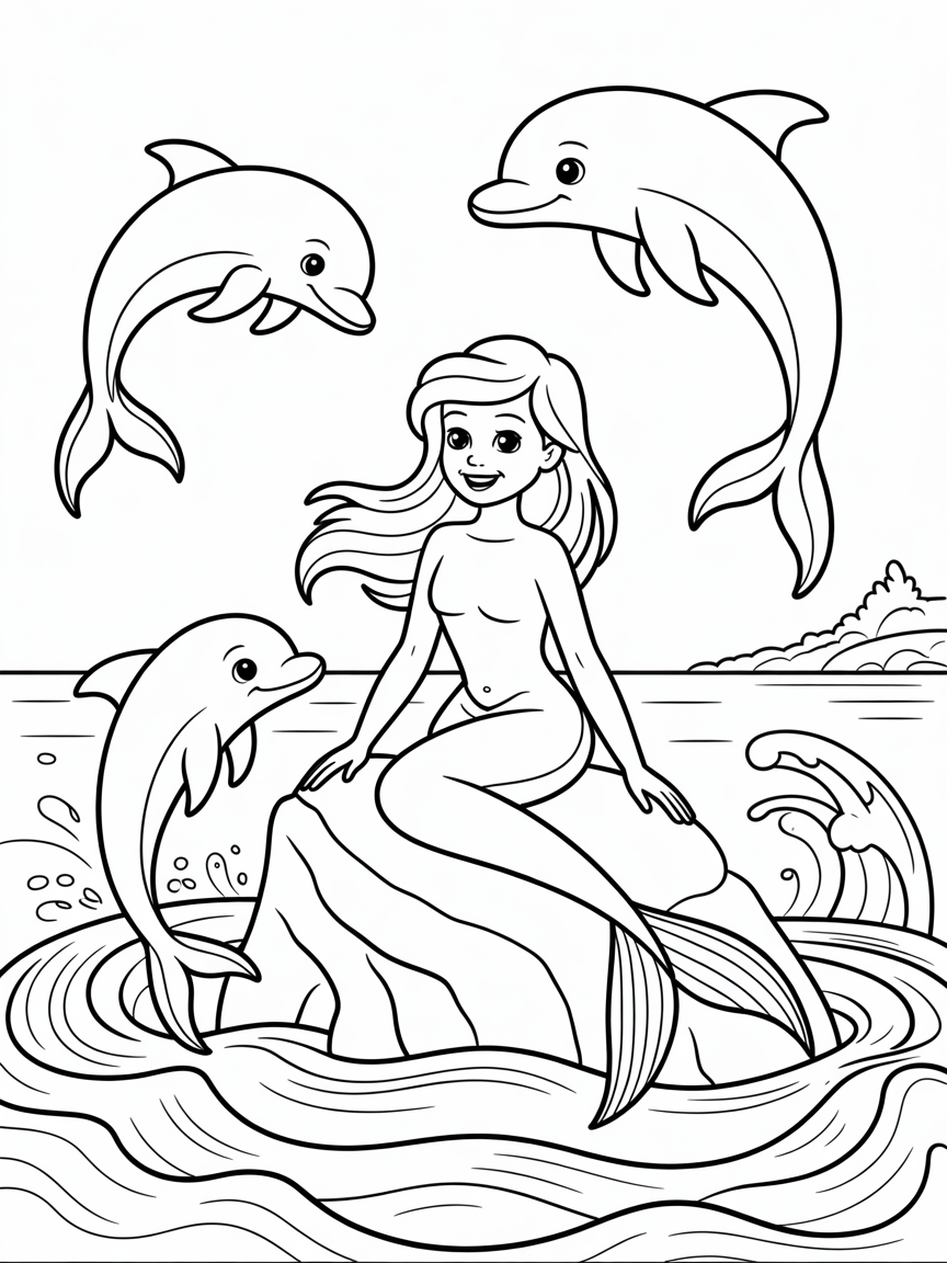 Copenhagen's Little Mermaid statue with diving dolphin friends - Free Coloring Page