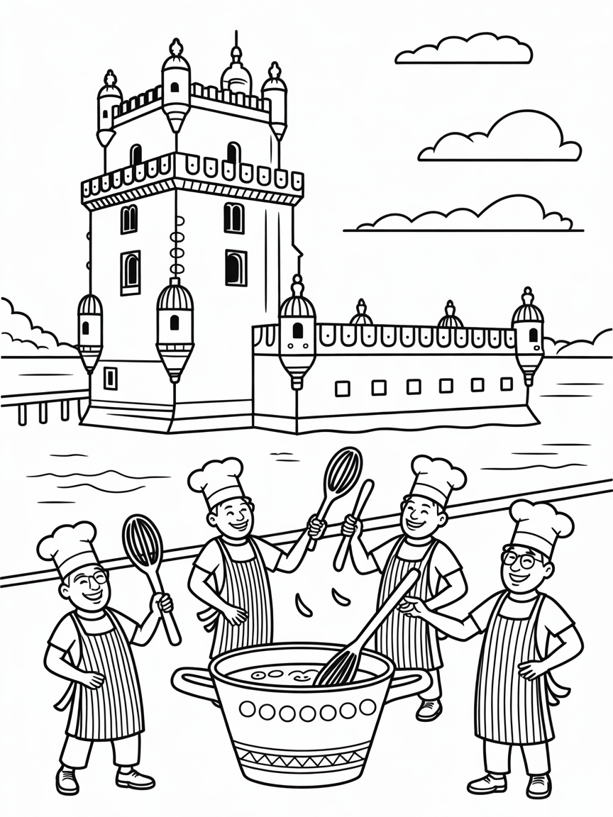 Lisbon's Belem Tower with sardine chefs in aprons - Free Coloring Page