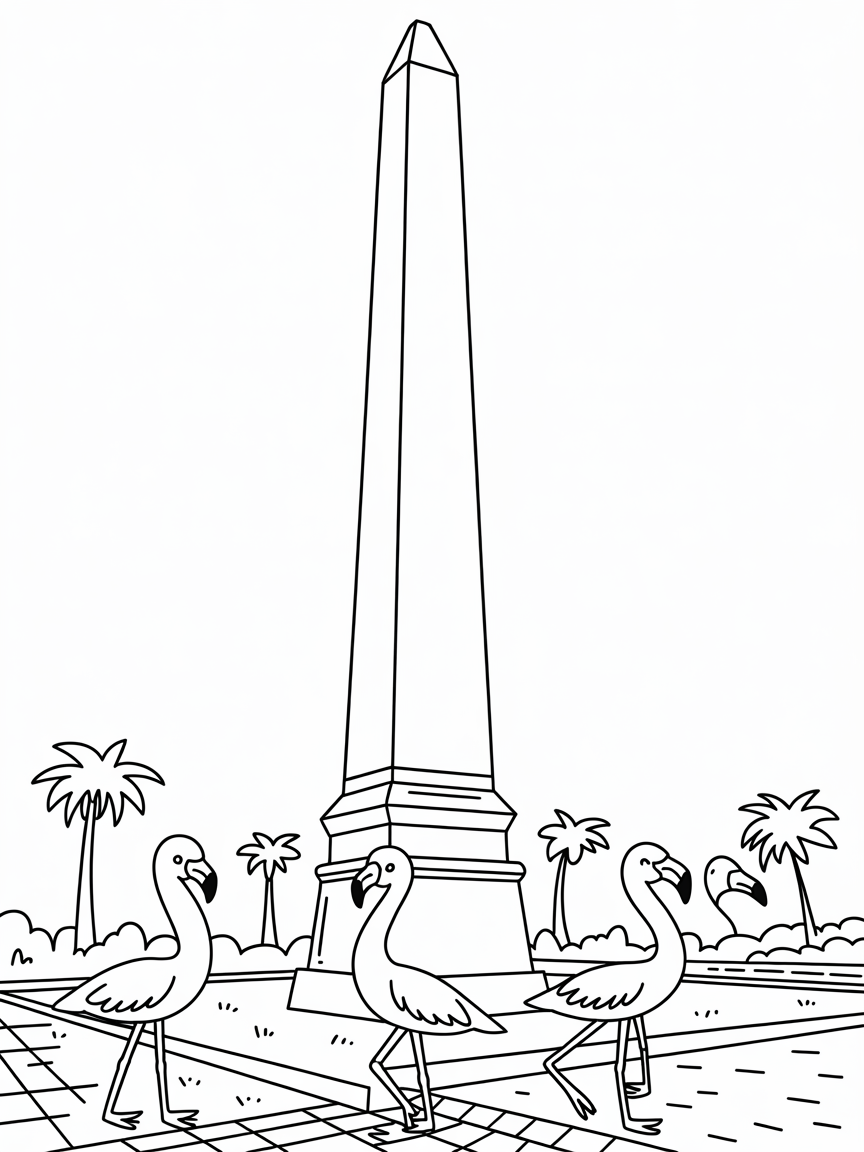 Buenos Aires' Obelisk with tango-dancing flamingos - Free Coloring Page