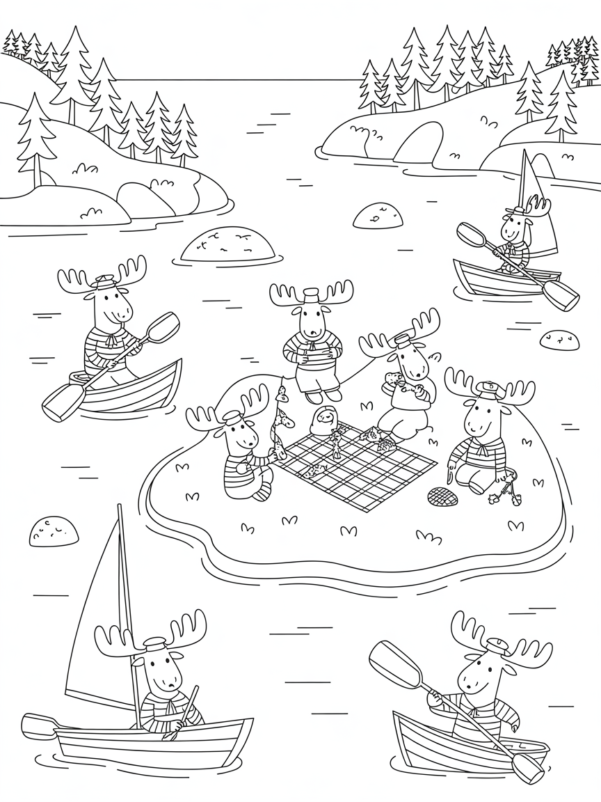 Stockholm's Archipelago with picnic party of moose sailors - Free Coloring Page