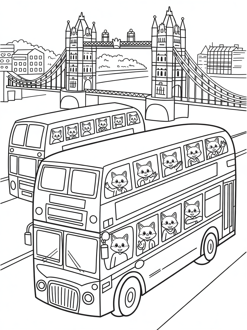 London's Tower Bridge with foxes in double-decker buses - Free Coloring Page