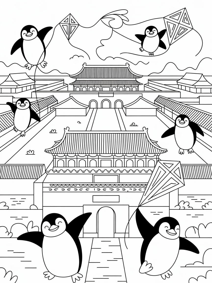 Beijing's Forbidden City with kite-flying emperor penguins - Free Coloring Page