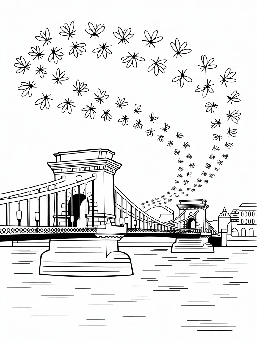 Budapest's Chain Bridge with illuminated firefly parade - Free Coloring Page
