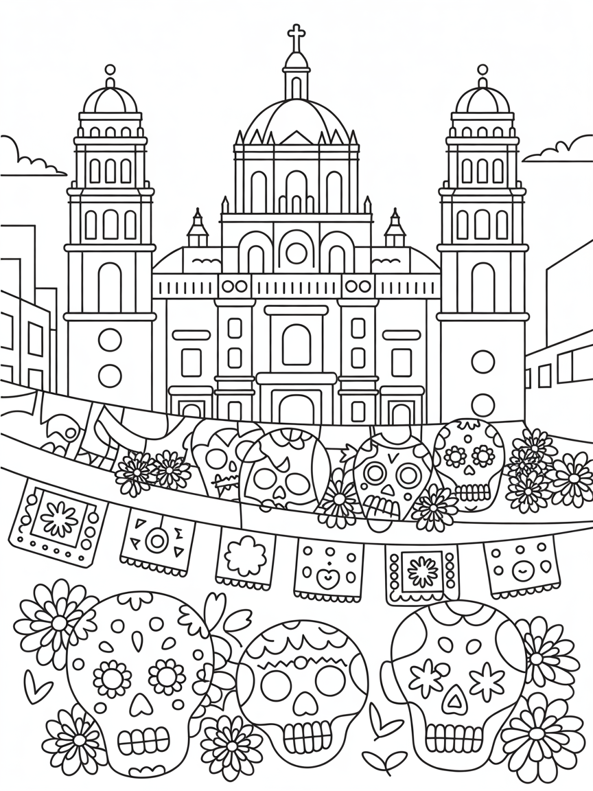 Mexico City's Metropolitan Cathedral with sugar skull festival - Free Coloring Page