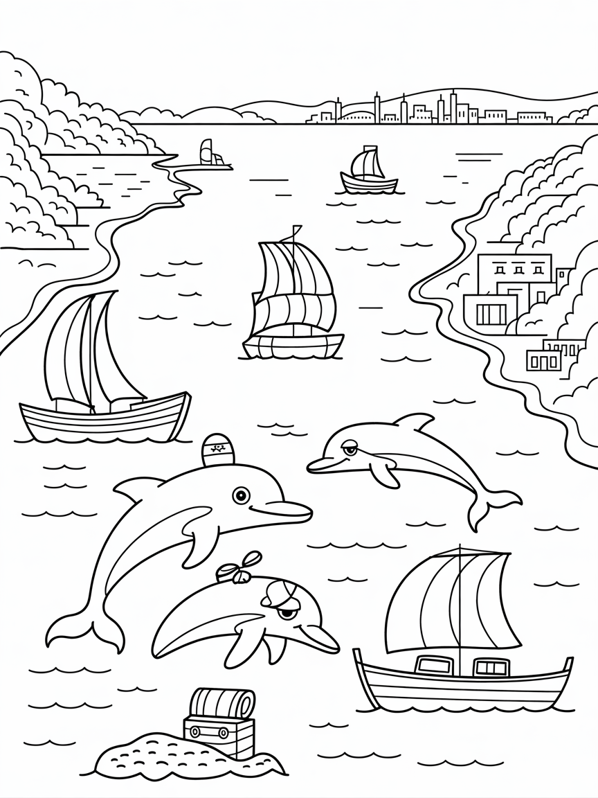 Istanbul's Bosphorus Strait with pirate treasure-hunting dolphins - Free Coloring Page