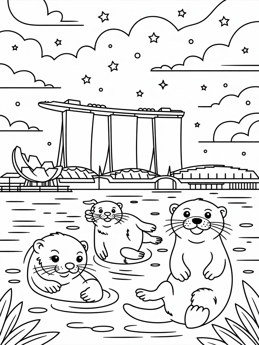 Singapore's Marina Bay Sands with starlit sky-swimming otters - Free Coloring Page