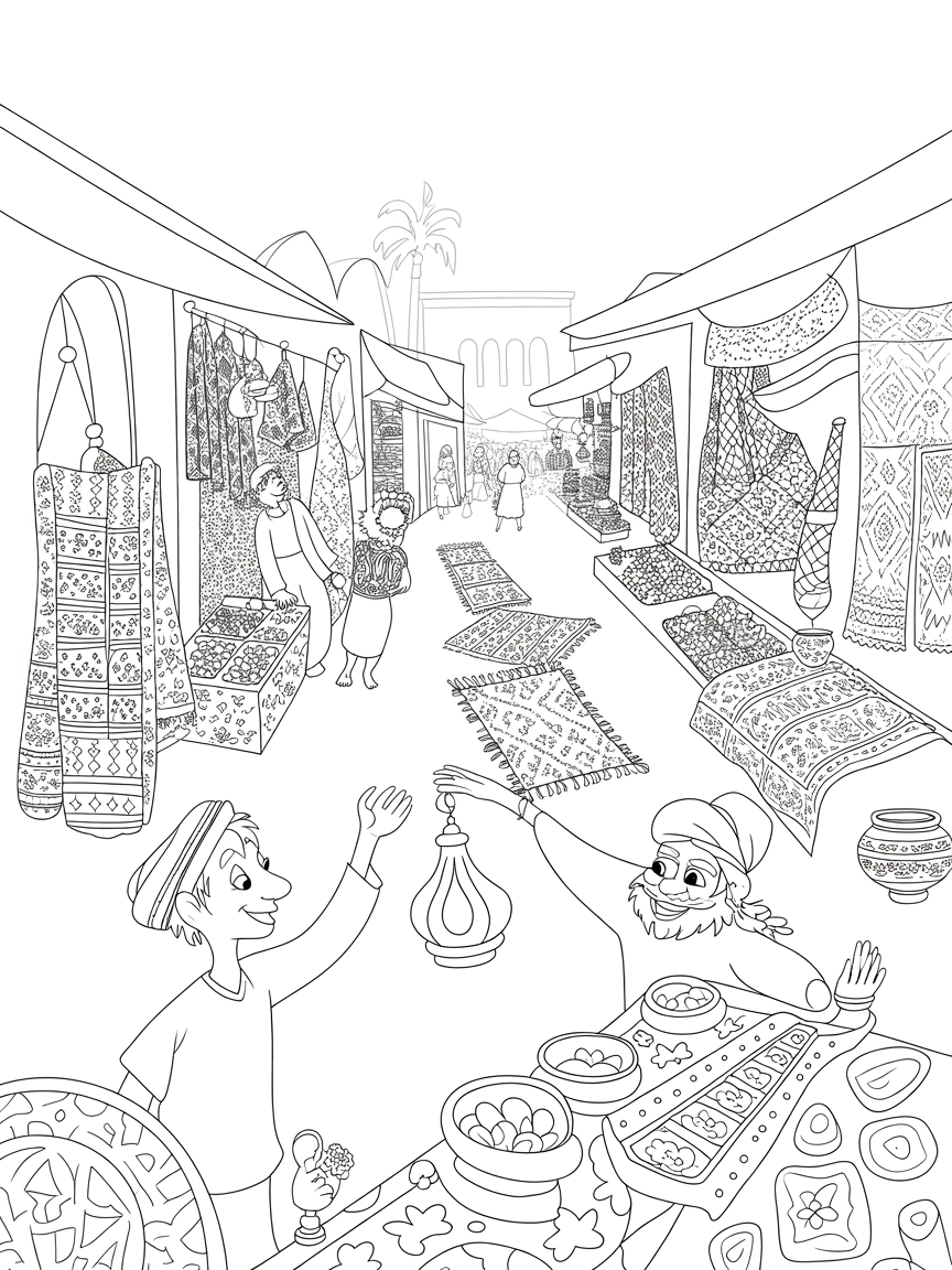 Marrakech's Medina market with genie lamps selling carpets - Free Coloring Page