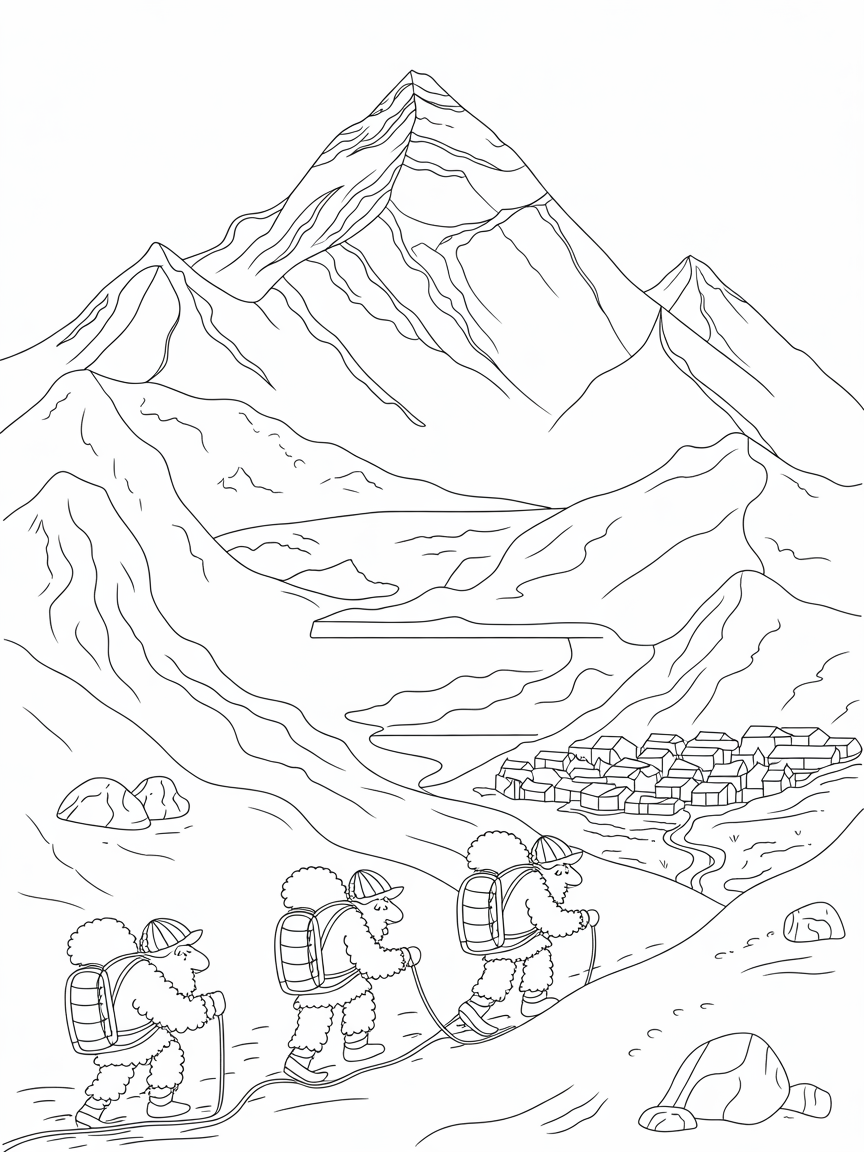 Mount Everest peak with yak mountaineers in helmets - Free Coloring Page