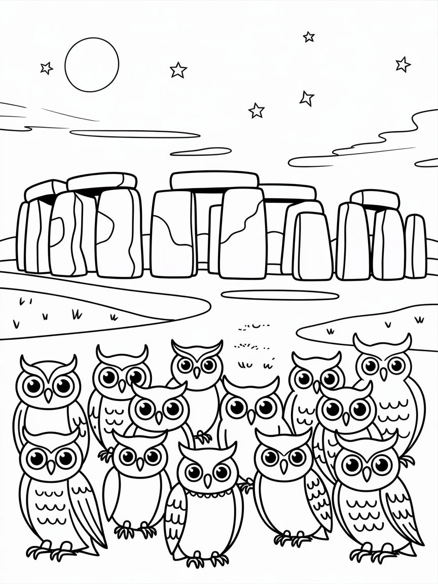 Stonehenge with secretive moonlit owl gatherings - Free Coloring Page