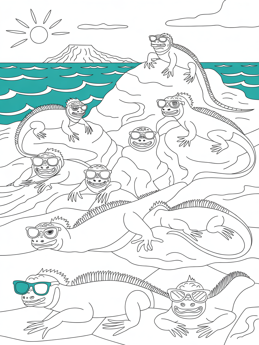 Galápagos Islands with sunbathing iguanas wearing sunglasses - Free Coloring Page