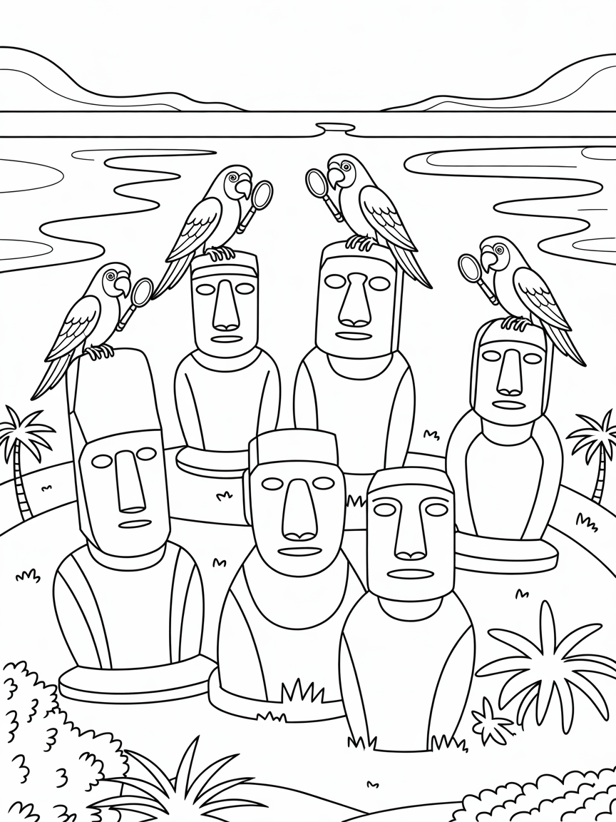 Easter Island statues with detective parrots investigating mysteries - Free Coloring Page