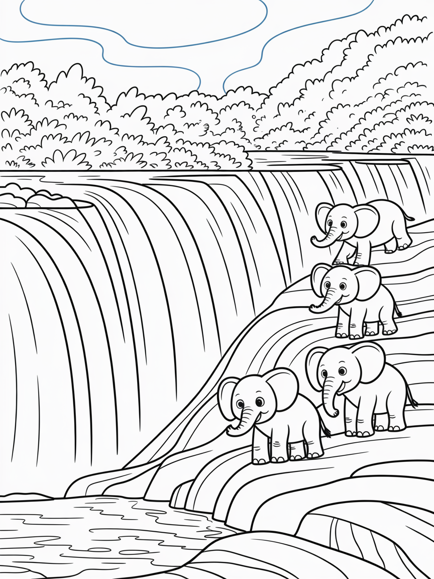 Victoria Falls with elephants enjoying a natural water slide - Free Coloring Page