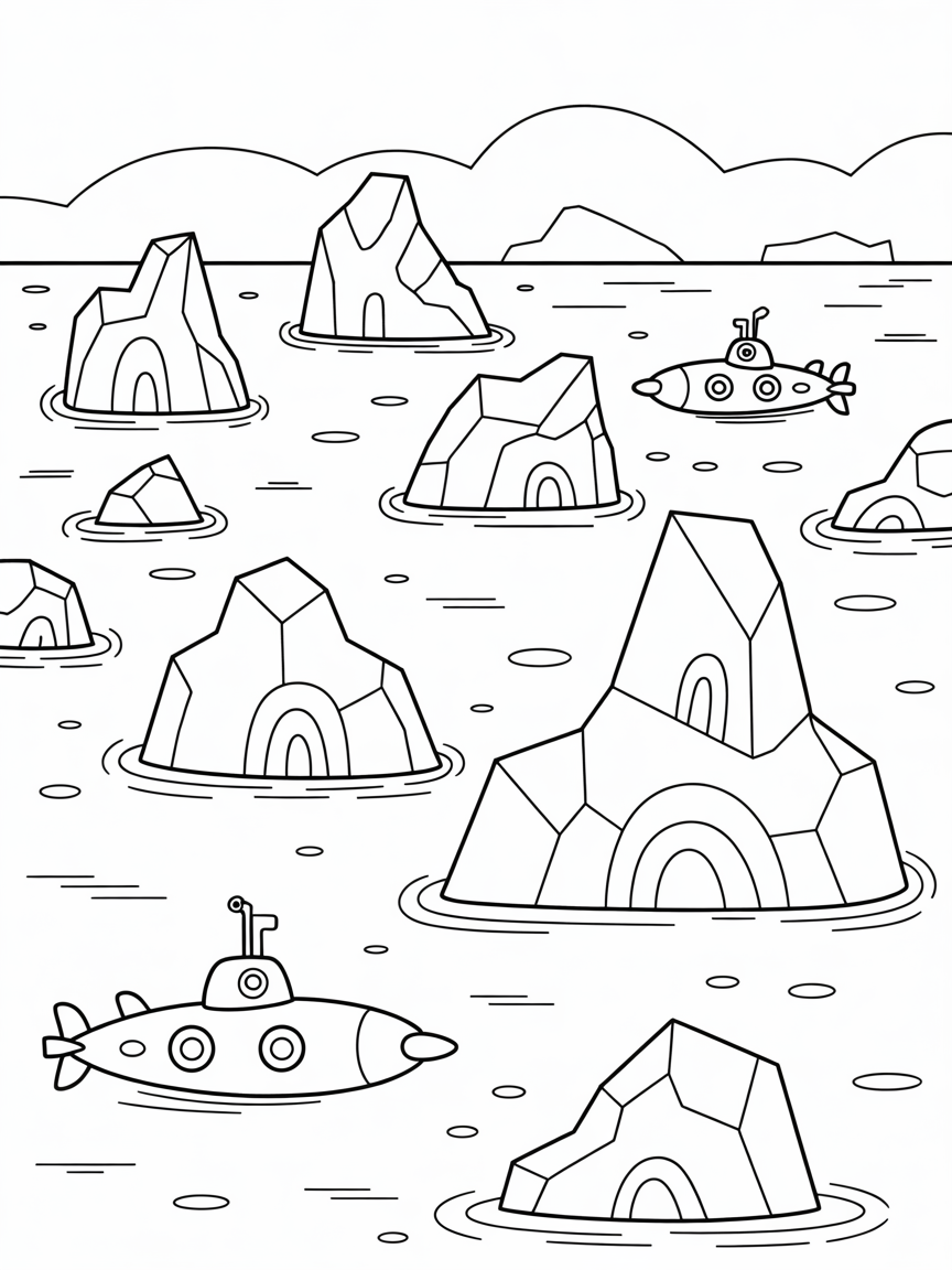 Greenland's icebergs with penguin discovery submarines - Free Coloring Page