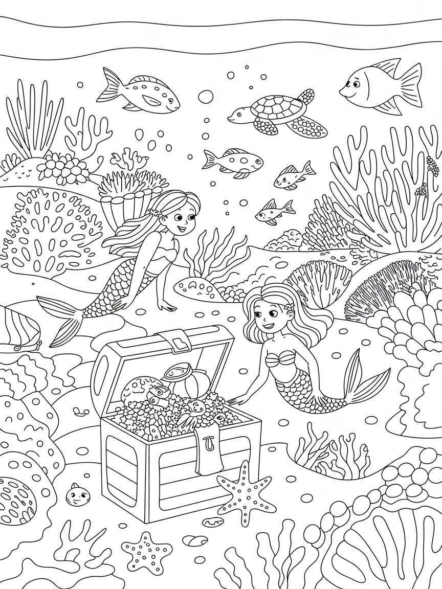 Fiji's coral reefs with mermaid treasure hunters - Free Coloring Page
