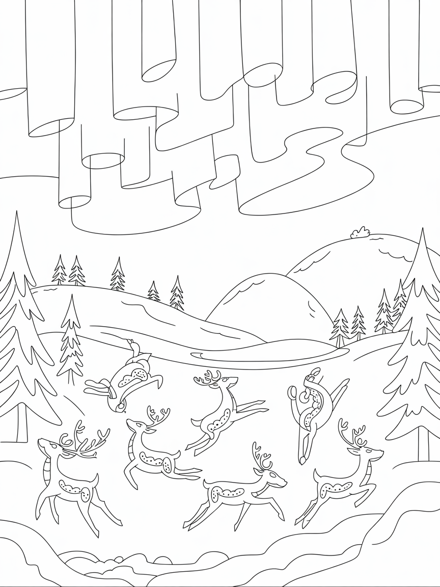 Finnish Lapland with northern lights reindeer ballet - Free Coloring Page
