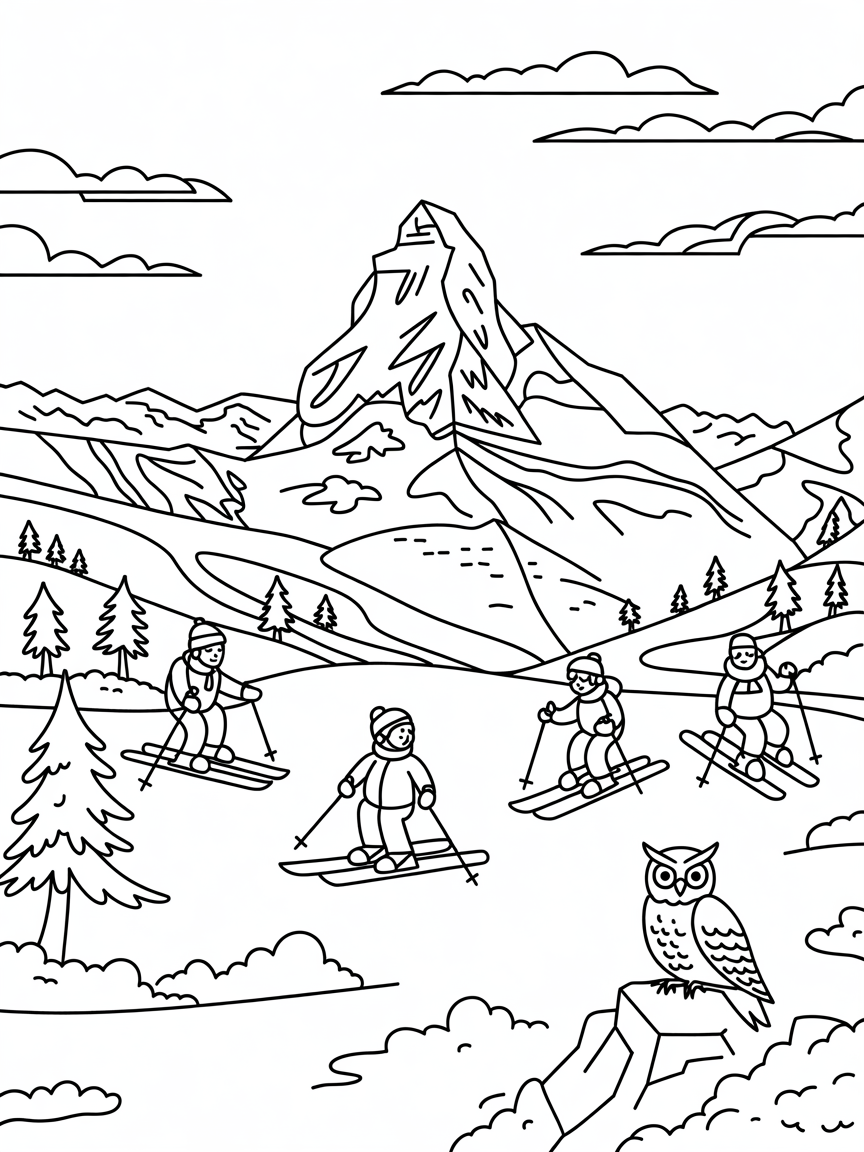 Matterhorn in the Alps with snow owl skiers - Free Coloring Page