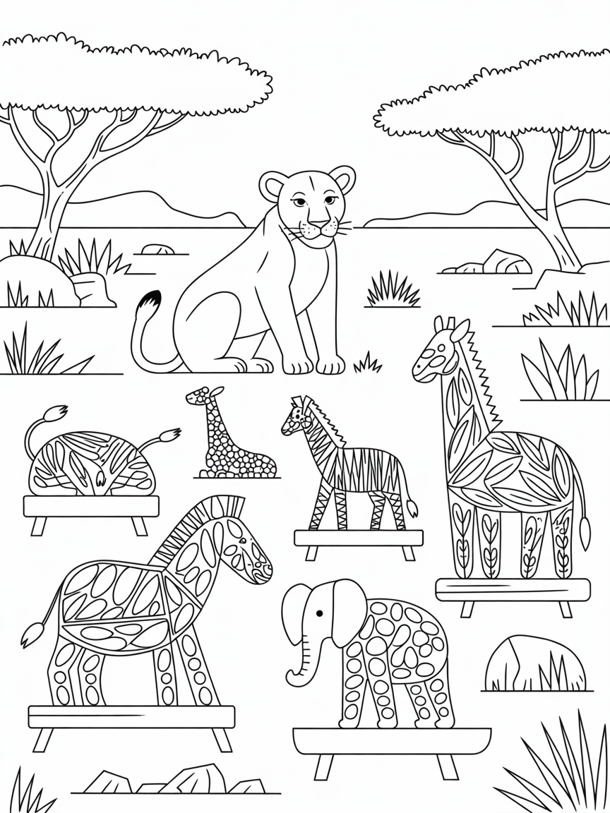 Serengeti plains with a lioness art gallery - Free Coloring Page