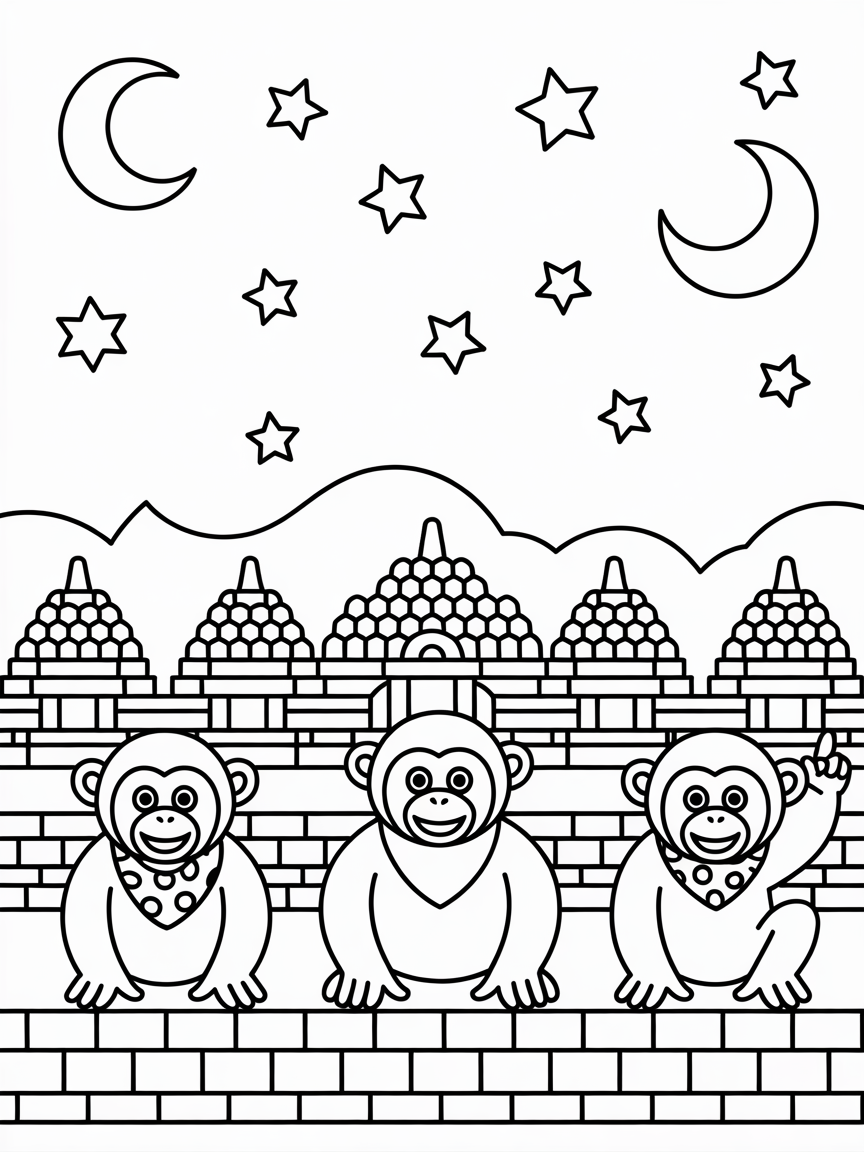 Java's Borobudur temple with stargazing orangutans - Free Coloring Page