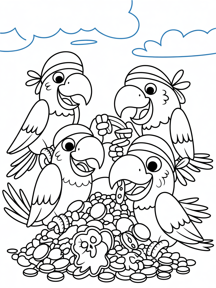 Pirate parrots having a treasure feast - Free Coloring Page