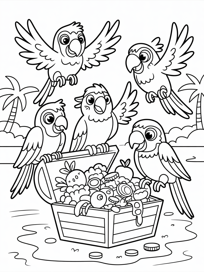 Pirate parrots having a treasure feast - Free Coloring Page