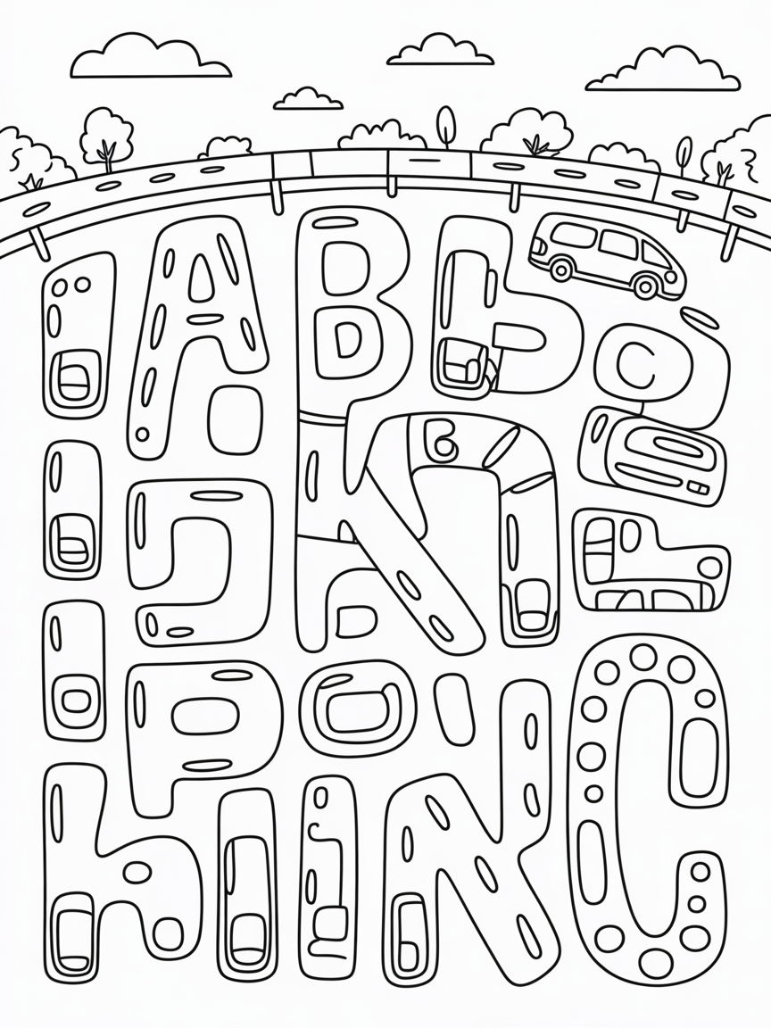 Parking area for vehicles shaped like different letters of the alphabet - Free Coloring Page