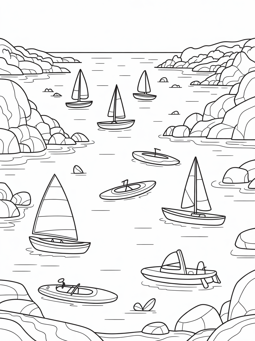 Wide rocky bay with many small sailing boats, kayaks and windsurfers - Free Coloring Page