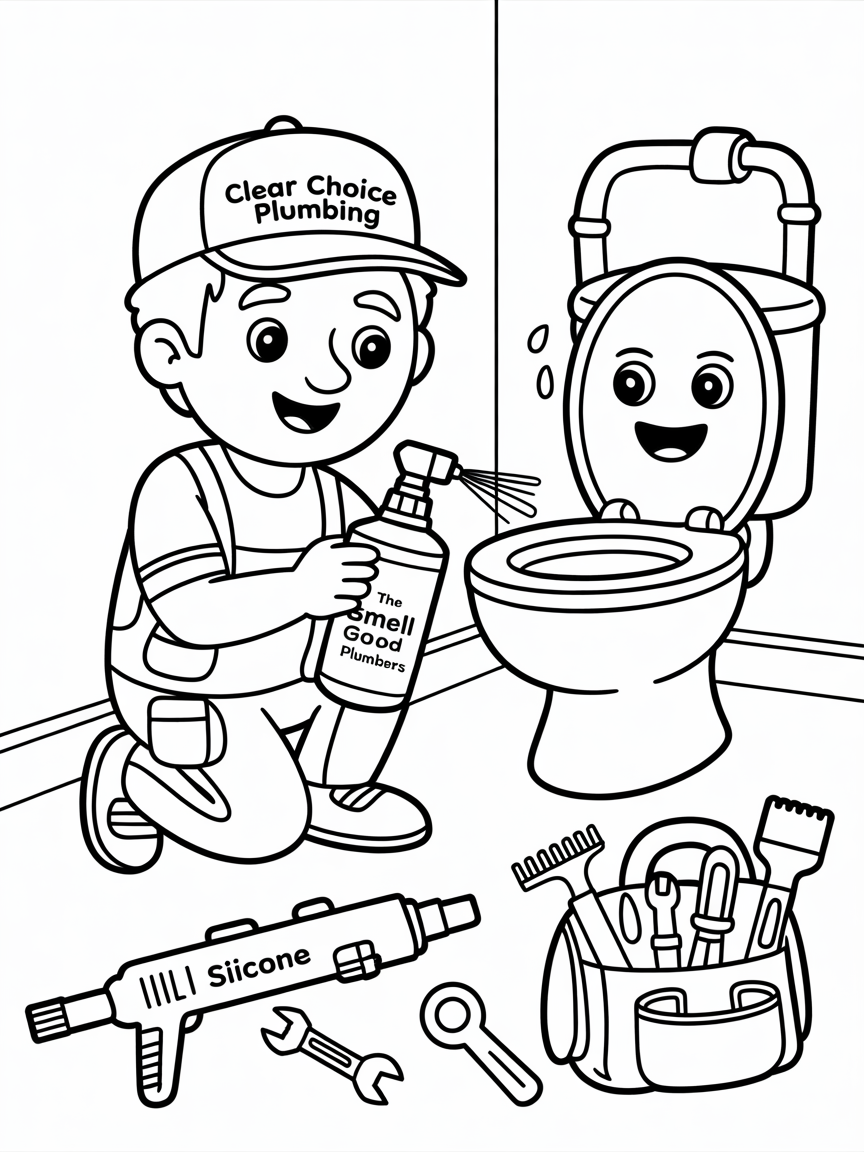 Plumber wearing a “clear choice plumbing” hat. holding a spray bottle which has “the smell good plumbers” written on the label. The plumber is kneeling next to a friendly faced toilet. They stare fondly at each other as if the toilet is happy the plumber installed it. The toilet is gleaming, and is attached to a wall by a water line. there is a silicone gun in the foreground and is tool bag that has a wrench, a screw driver, pliers, and a paint scraper. - Free Coloring Page