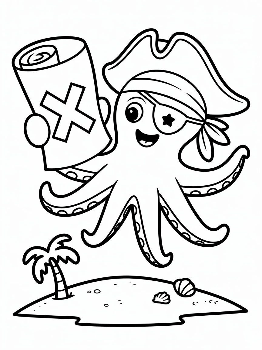 Pirate octopus with a treasure map - Free Coloring Page