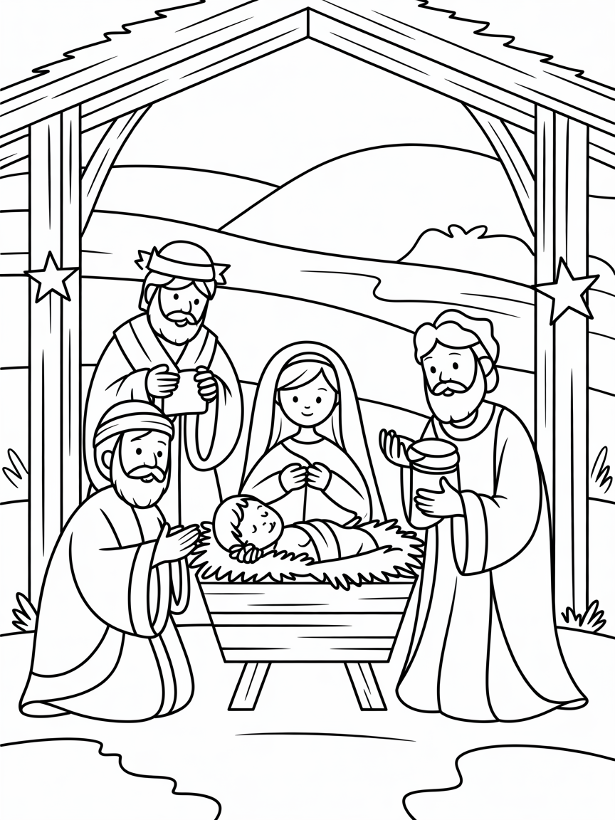 Wiseman visiting baby Jesus - Free Coloring Page