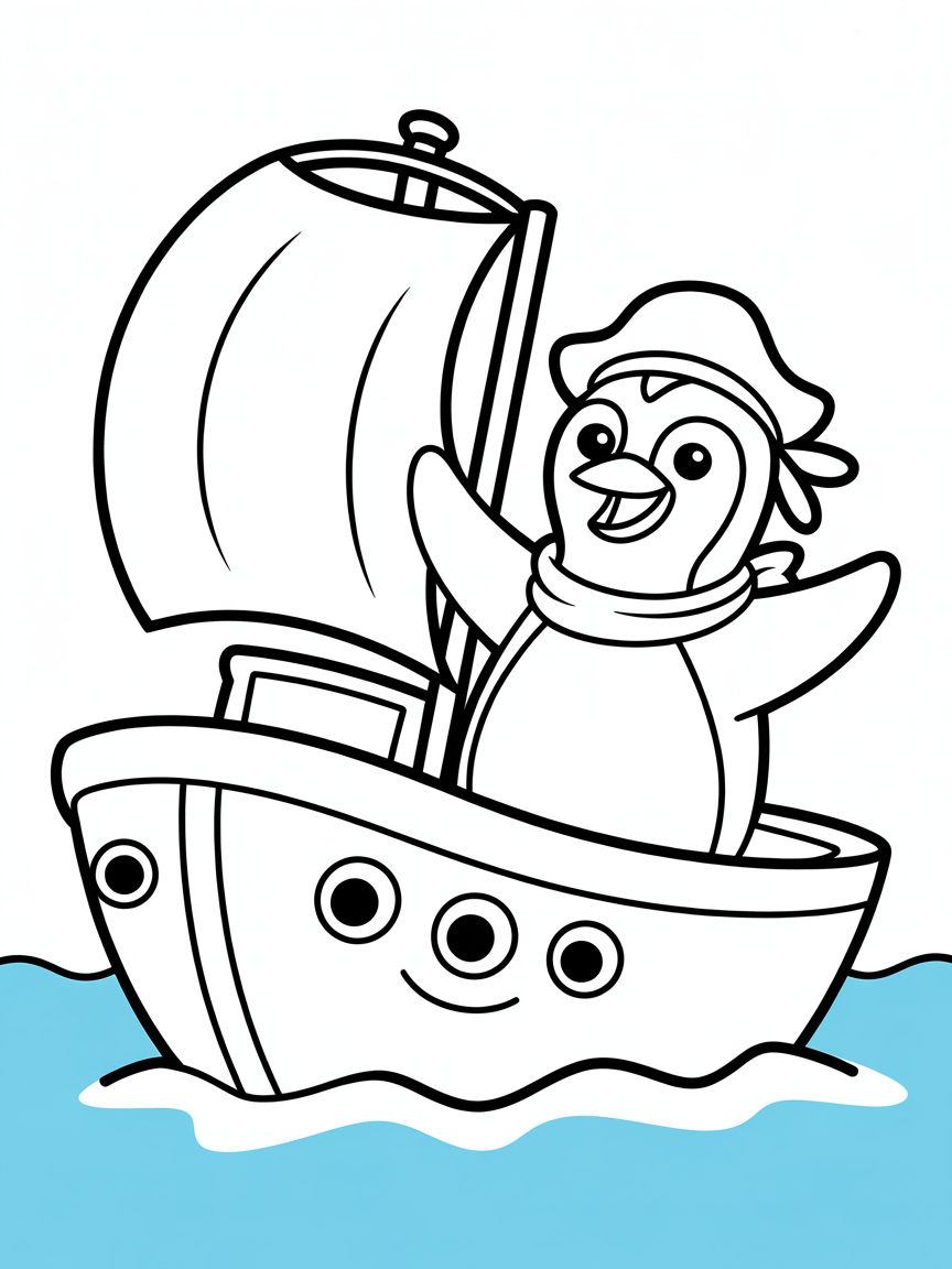 Pirate penguin sailing an iceberg ship - Free Coloring Page